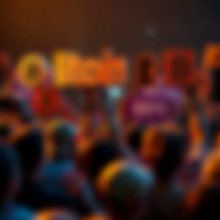 Group of Bitcoin enthusiasts holding signs and cheering for price increase