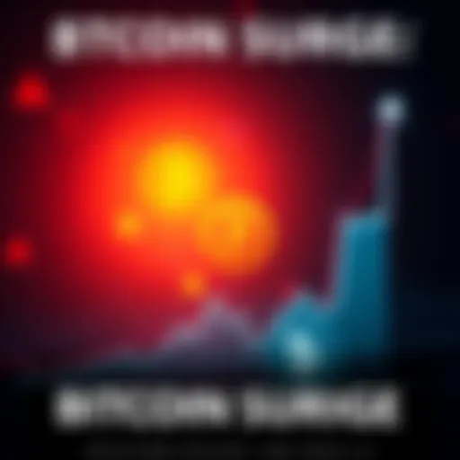A graphic showing a rising graph with Bitcoin symbols and a warning sign, indicating a price surge