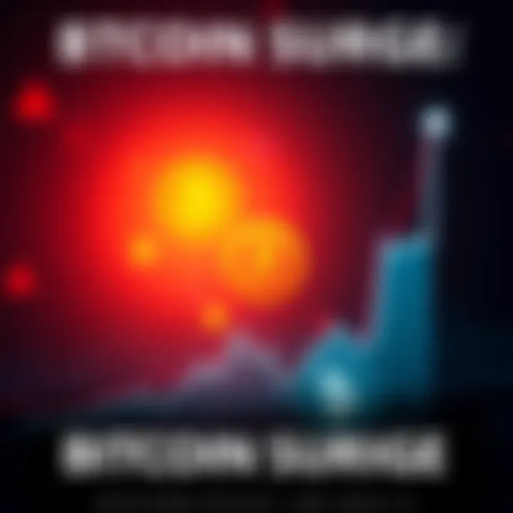 Bitcoin Surge Alert A graphic showing a rising graph with Bitcoin symbols and a warning sign, indicating a price surge