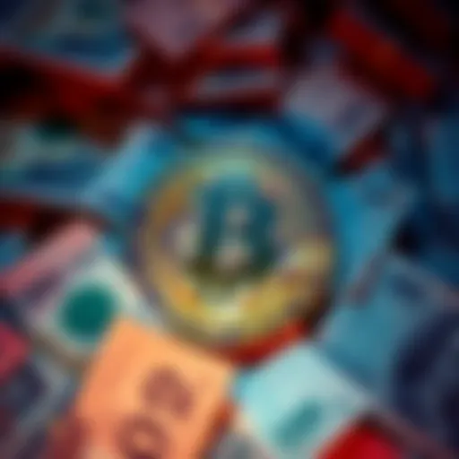 A Bitcoin symbol surrounded by various currency notes, highlighting its role in financial discussions and transactions.