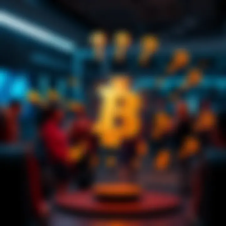 Bitcoin Symbol in Dispute A Bitcoin symbol surrounded by question marks and dollar signs, indicating controversy over its value and future, with people discussing in the background.