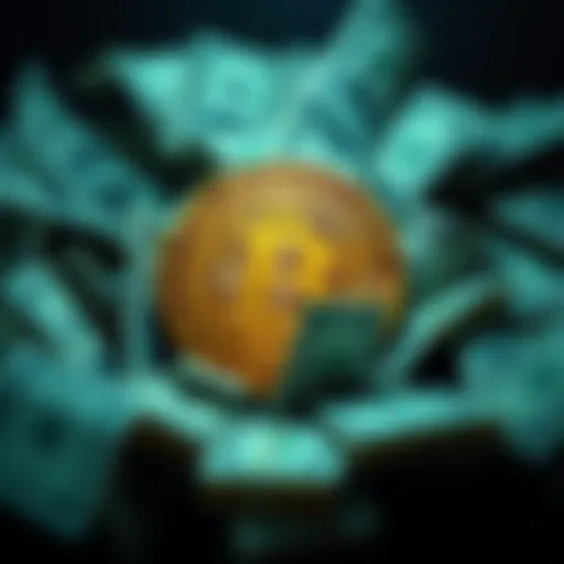 A Bitcoin symbol surrounded by dollar bills, representing financial influence and market concerns.