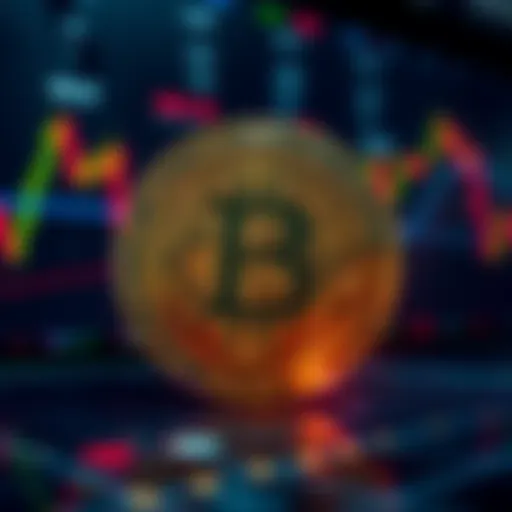 A Bitcoin symbol surrounded by fluctuating price graphs and market indicators, representing its volatility and resilience in the financial system.