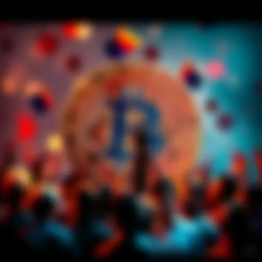 A Bitcoin symbol surrounded by diverse people celebrating and discussing financial independence.