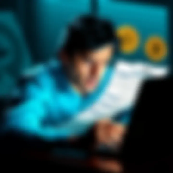 A person looking stressed while working on a laptop surrounded by tax documents related to Bitcoin transactions