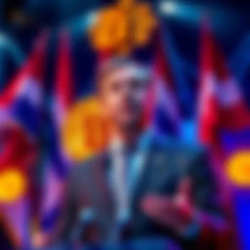 A government official announcing a new Bitcoin tax with a backdrop of cryptocurrency symbols and Dutch flags.