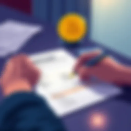 A person writing on a tax form with a Bitcoin symbol and calculator by their side.