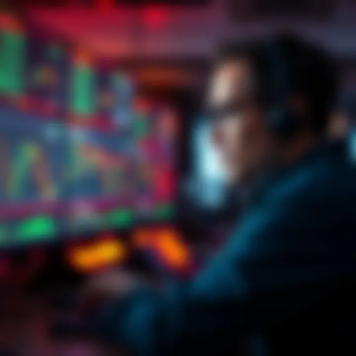 A focused trader monitors Bitcoin price movements on multiple screens, showing green and red candles representing market emotions.