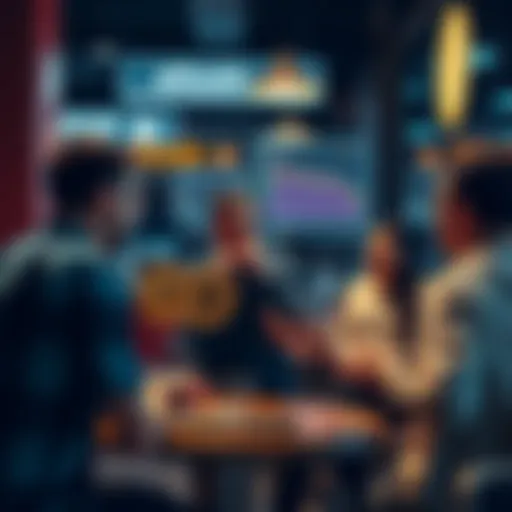 A group of people at a coffee shop sharing ideas about Bitcoin trading and market strategies.