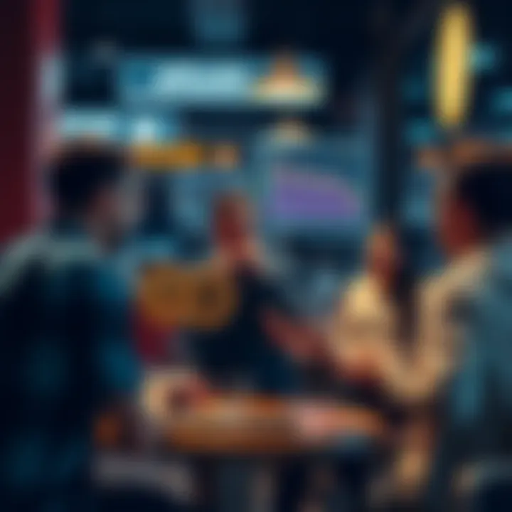A group of people at a coffee shop sharing ideas about Bitcoin trading and market strategies.
