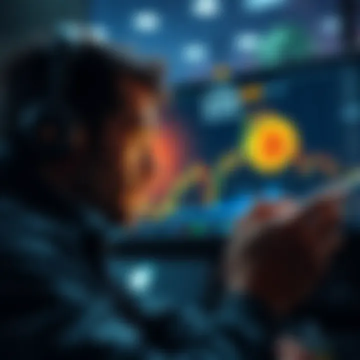 A trader looking at a chart showing a 50% drop in Bitcoin value, contemplating strategies for recovery and survival in the market.