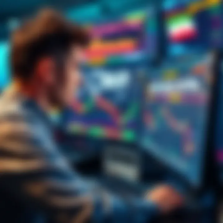 A trader analyzing Bitcoin charts on a computer screen with news headlines about US-Iran tensions in the background.