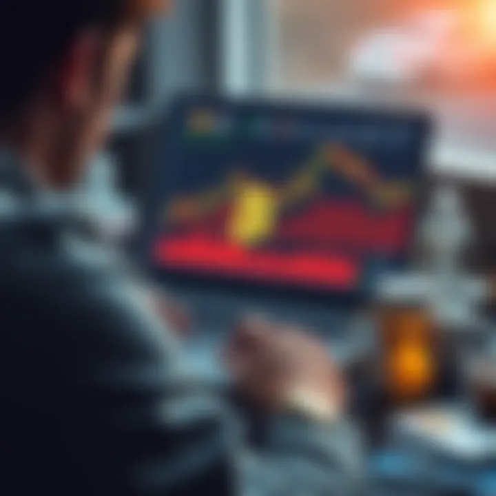 Bitcoin Trading Without Stimulants A person looking at a laptop screen showing bitcoin charts, surrounded by coffee cups and nicotine products, symbolizing a focus on trading without stimulants.