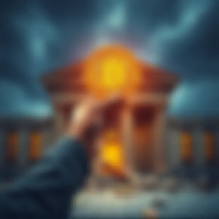 A person holding a Bitcoin symbol while standing beside a broken bank building, representing the shift from banks to cryptocurrency.