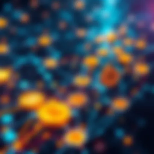 An illustration showing the flow of Bitcoin transactions through a blockchain network with digital coins and nodes