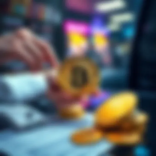 A person exchanges Bitcoin for a product, with tax details visible on a form nearby.