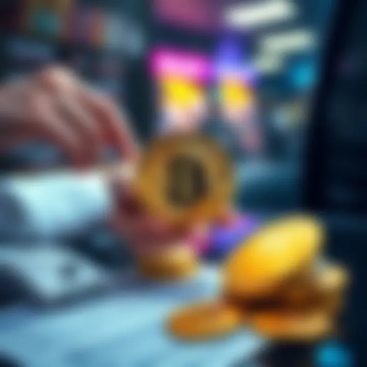 A person exchanges Bitcoin for a product, with tax details visible on a form nearby.