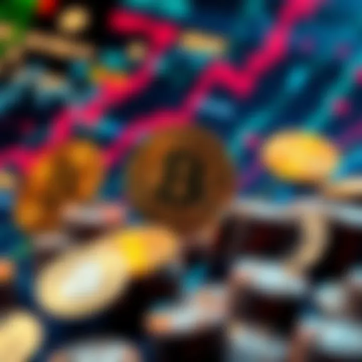 Bitcoin Transactions Surge A visual representation of increasing bitcoin transactions over a week, showing dynamic movement of coins and graphs indicating market activity.