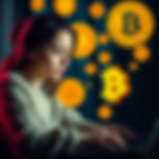 A mother looks frustrated while using a laptop, with Bitcoin symbols in the background, representing challenges in cryptocurrency transfers.