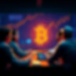 A group of people discussing Bitcoin trends with charts and graphics in the background.