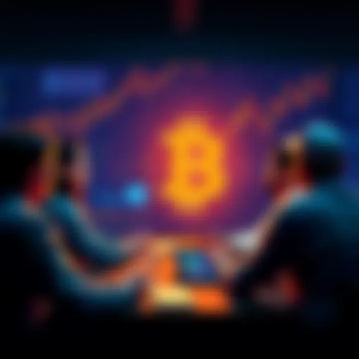 A group of people discussing Bitcoin trends with charts and graphics in the background.