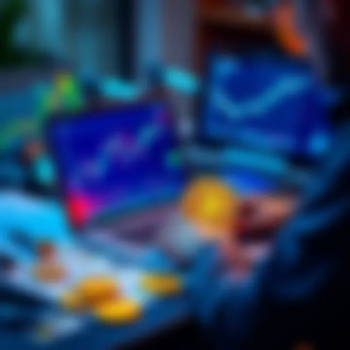 A person analyzing cryptocurrency charts on a laptop, surrounded by bitcoin symbols and financial documents.