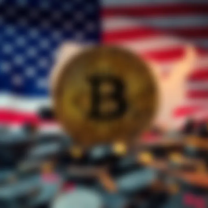 Bitcoin symbol in front of a backdrop illustrating US debt, representing economic challenges and potential solutions through cryptocurrency.
