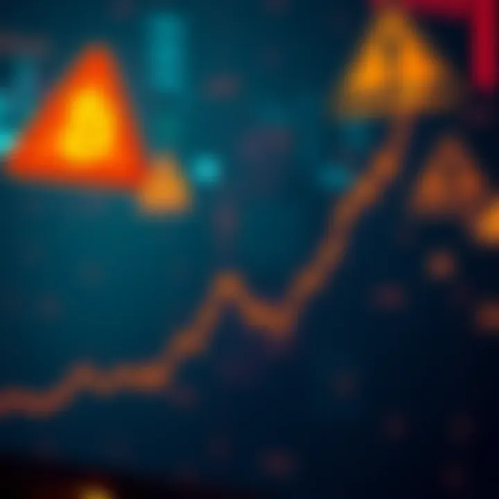 A downward trend graph representing Bitcoin's plummeting value with warning signs in the background