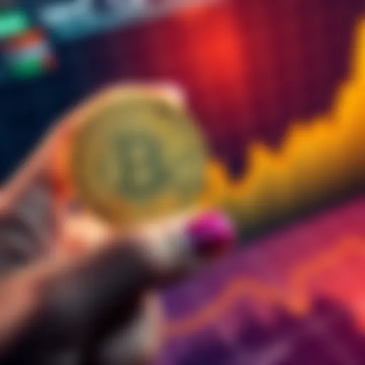 A hand holding a small Bitcoin coin with a background of a rising graph, symbolizing potential financial growth over a decade.