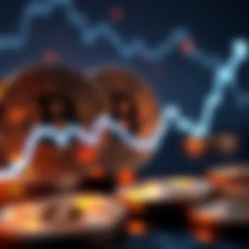 A visual representation of Bitcoin coins with a fluctuating graph line, showing stabilization at a steady point.