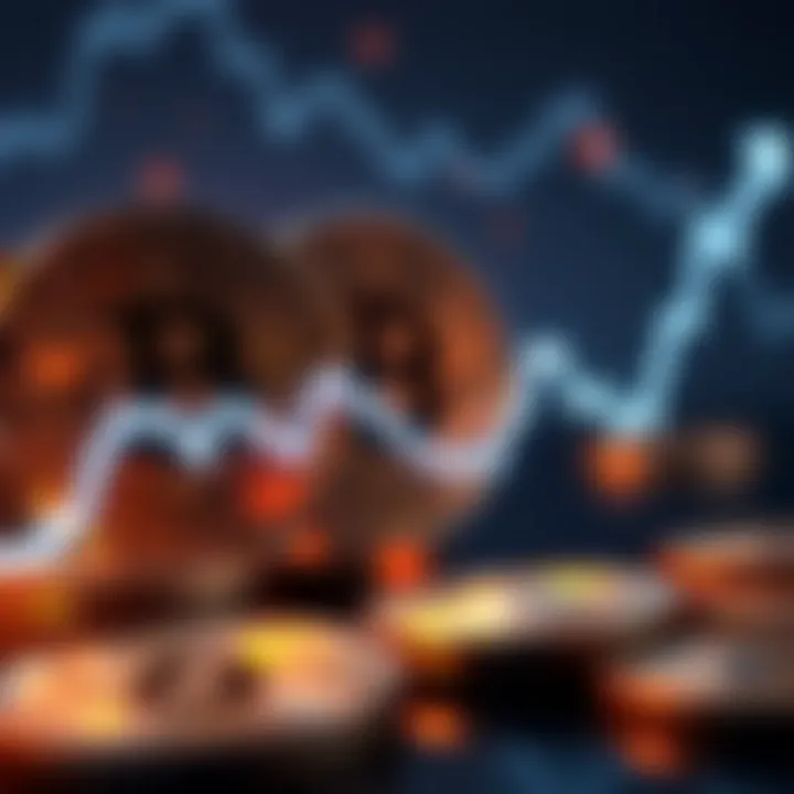 A visual representation of Bitcoin coins with a fluctuating graph line, showing stabilization at a steady point.