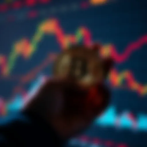 A person holding a Bitcoin symbol in front of a fluctuating stock market graph, symbolizing investment safety during market instability.