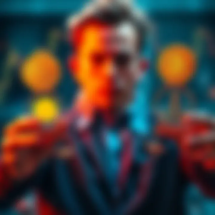 A person weighing options between Bitcoin and ETFs with visual symbols representing both investments.