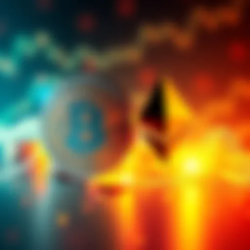 An illustration showing the Bitcoin and Ethereum logos side by side, highlighting their differences in the cryptocurrency market.