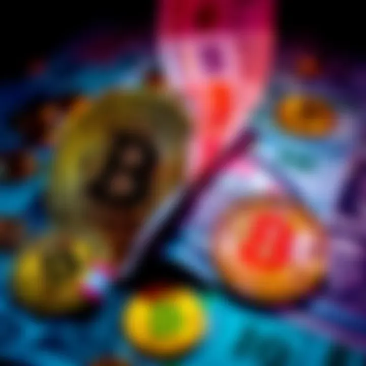 A visual representation of Bitcoin symbols contrasted with traditional fiat currency notes, showing tension between the two systems.