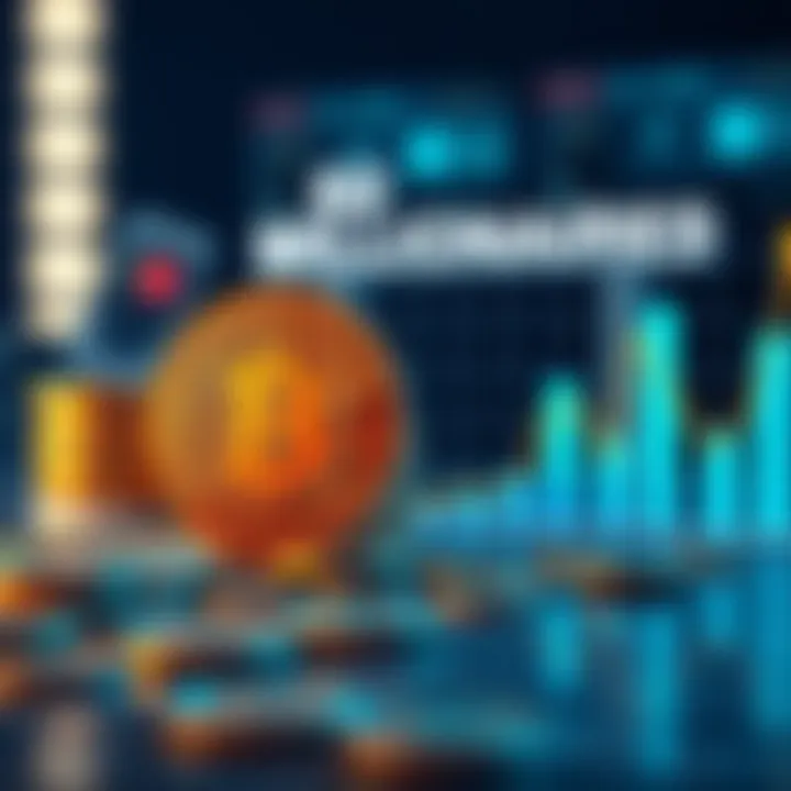 Bitcoin and Millionaires Comparison Illustration showing a pile of Bitcoin coins beside a graph depicting the number of millionaires worldwide.