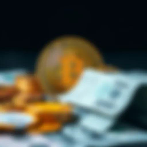 A visual showing Bitcoin coins alongside traditional paper currency, highlighting the differences between the two forms of money.
