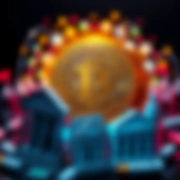 A graphic showing Bitcoin symbol contrasting with traditional bank icons, representing the clash between cryptocurrencies and banking systems.