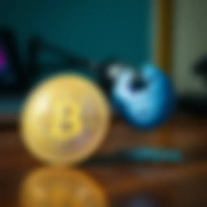 A shiny Bitcoin coin sits next to a Wikipedia logo on a table, symbolizing the rarity of Bitcoin ownership compared to having a Wikipedia page.