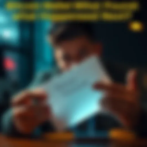 A person holding an envelope with a Bitcoin wallet password written inside, looking surprised and disappointed. A smartphone is nearby showing a Bitcoin wallet app with zero balance.