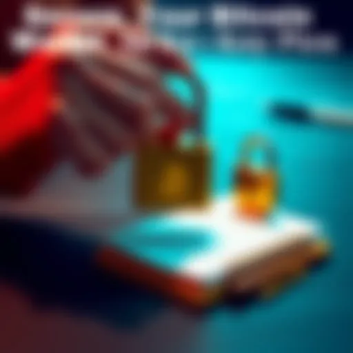 A person securing a Bitcoin wallet with a lock and a seed phrase on a notepad