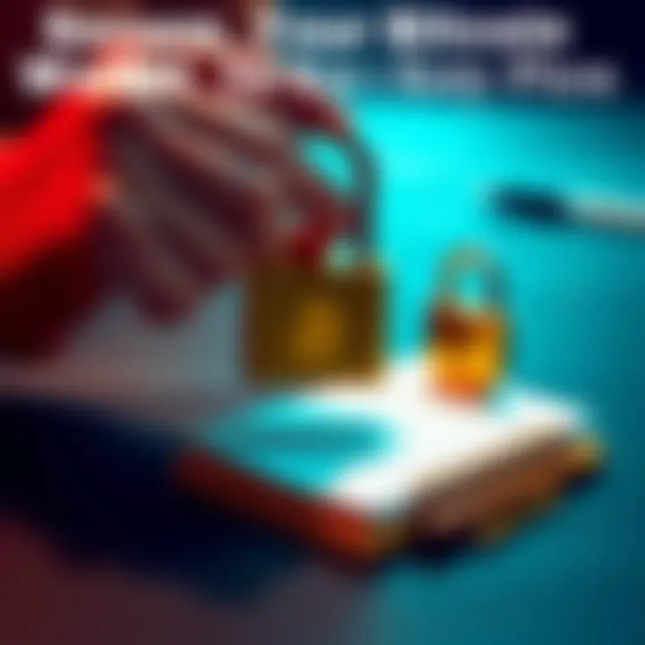 A person securing a Bitcoin wallet with a lock and a seed phrase on a notepad