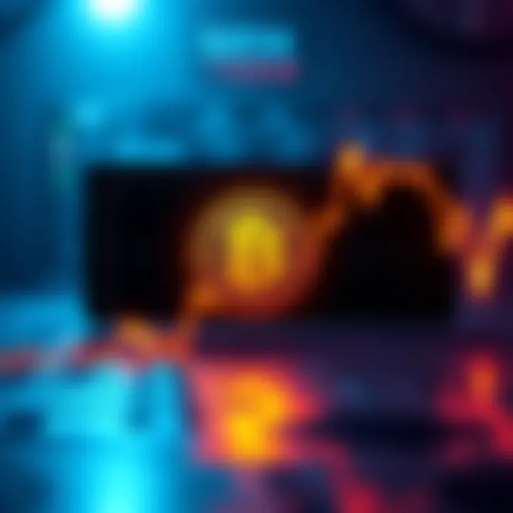 A downward trend graph with Bitcoin logo, showing a warning signal as it approaches $85,000.