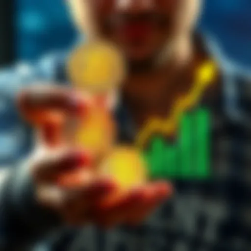 A person holding Bitcoin coins, showing a graph of wealth increase over time, symbolizing long-term investment success.