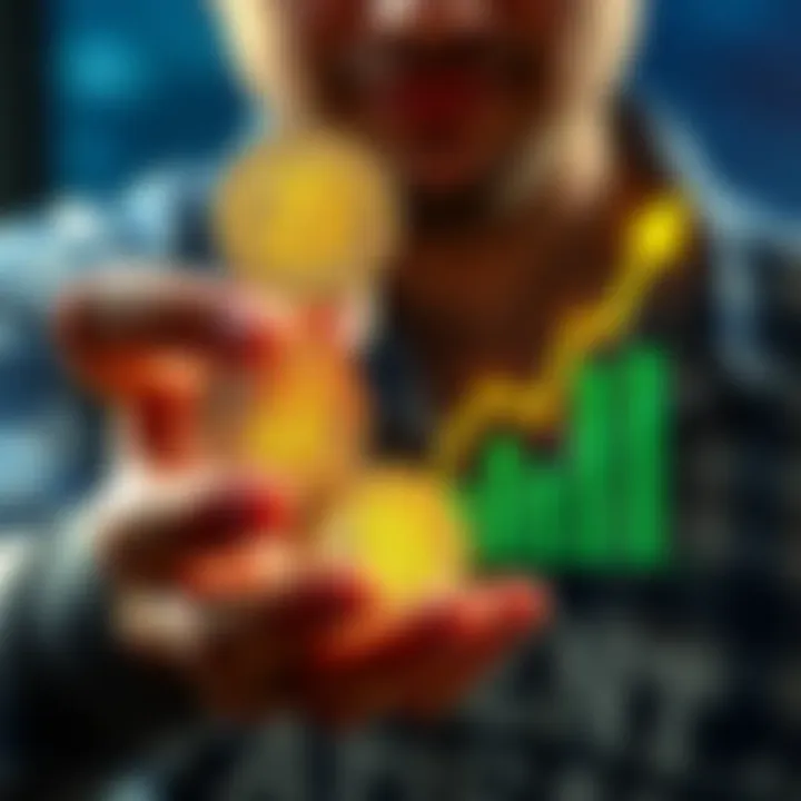 A person holding Bitcoin coins, showing a graph of wealth increase over time, symbolizing long-term investment success.