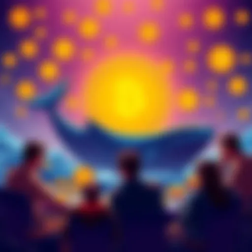 A group of people discussing Bitcoin whales, reflecting on their motivations and market strategies, with Bitcoin symbols in the background.