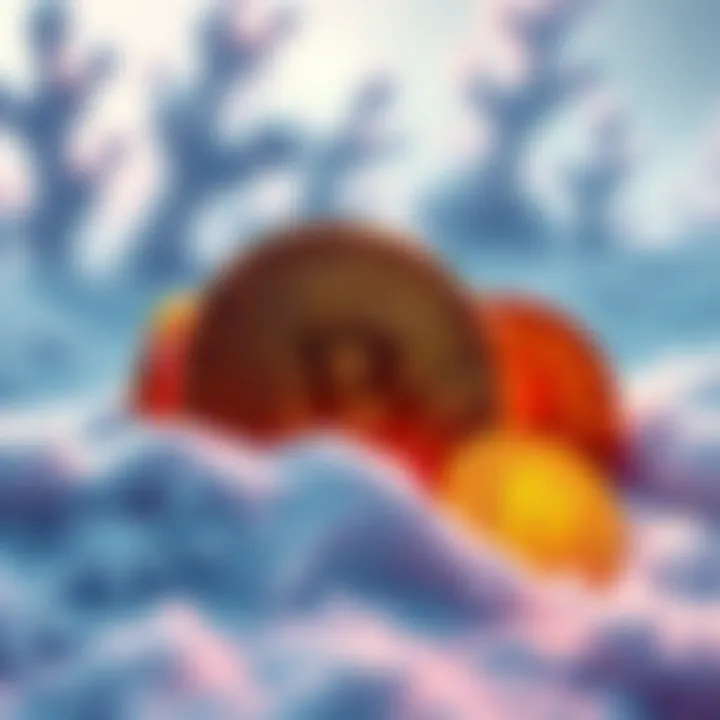 Bitcoin Winter Concept A visual representation of Bitcoin struggling in a snowy environment, symbolizing a downturn in the crypto market, with Bitcoin logos surrounded by snowflakes.