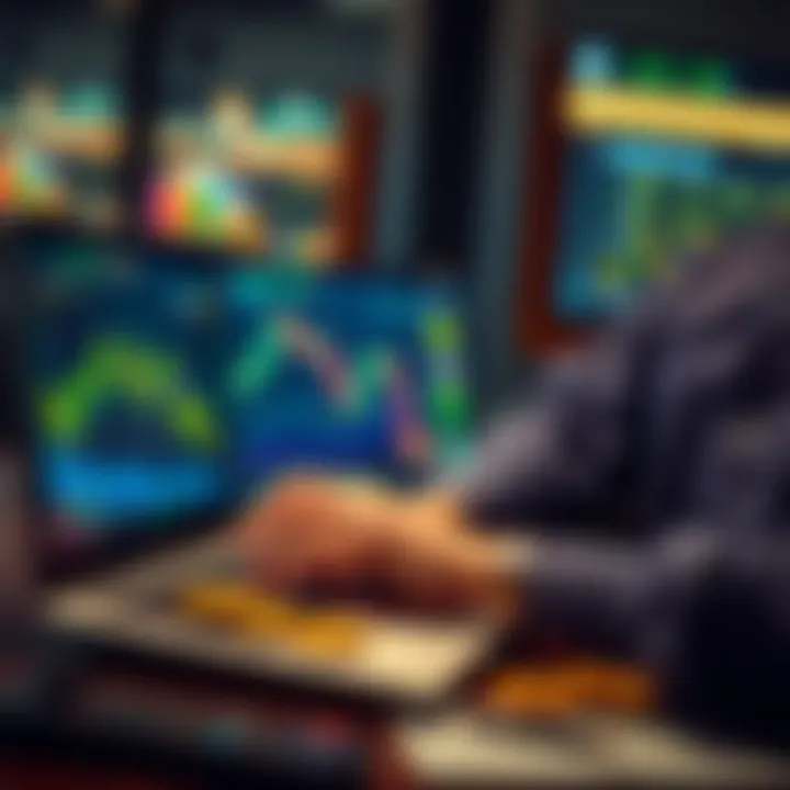 A person calculating taxes while looking at Bitcoin graphs on a laptop