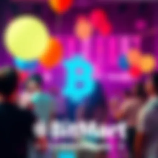 A group of people enjoying a festive event with balloons and banners celebrating BitMart's 8th anniversary.