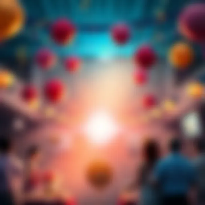 A festive scene celebrating BitMart's 8th anniversary with balloons and decorations, showcasing a vibrant atmosphere in the crypto community.